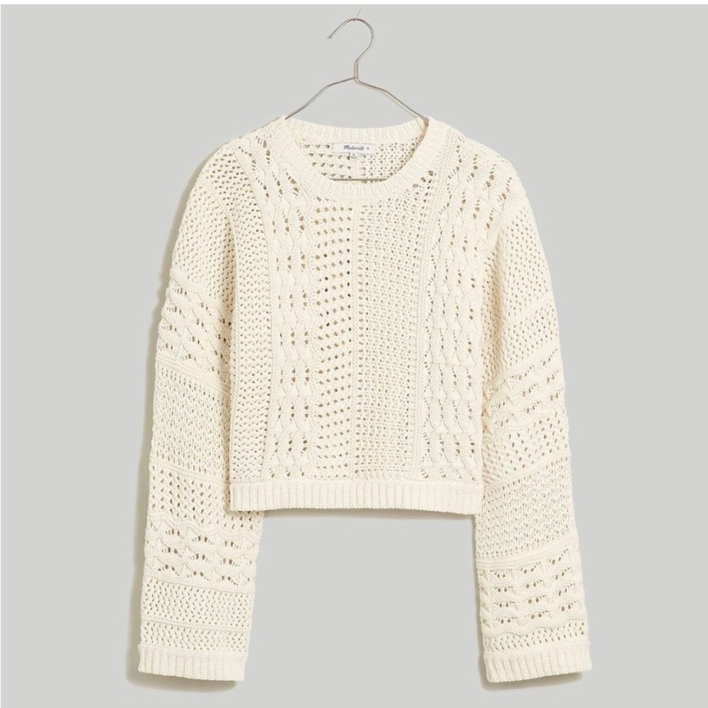 MADEWELL CROCHET KNIT CROP SWEATER IN ANTIQUE CREAM SIZE MEDIUM NWT
